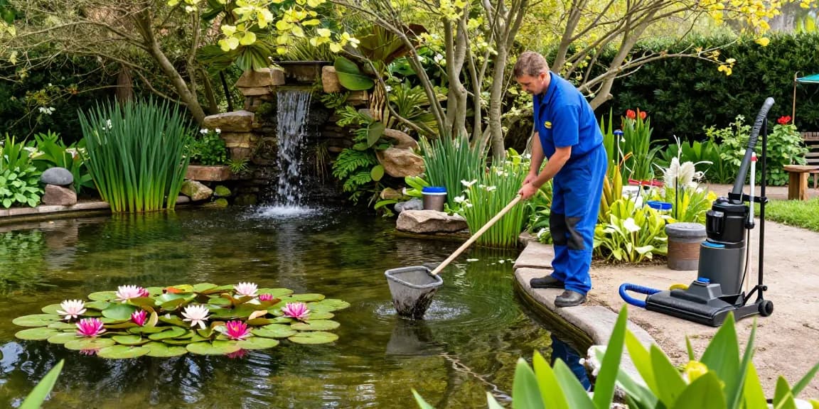 Pond Cleaning Sussex technician removing debris from a vibrant garden pond in Sussex, showcasing effective pond maintenance practices.