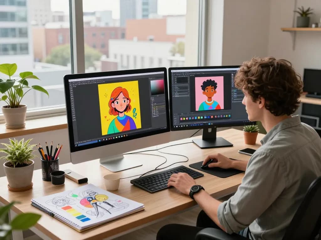 Artist creating stunning visuals with Nano Banana AI in a vibrant studio setting.