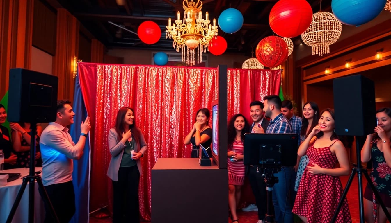 Guests enjoying a fun photo booth chicago at a lively event capturing memorable moments.