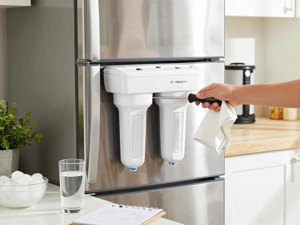 Installing Filterlogic 4396508 Refrigerator Water Filter in a modern kitchen.