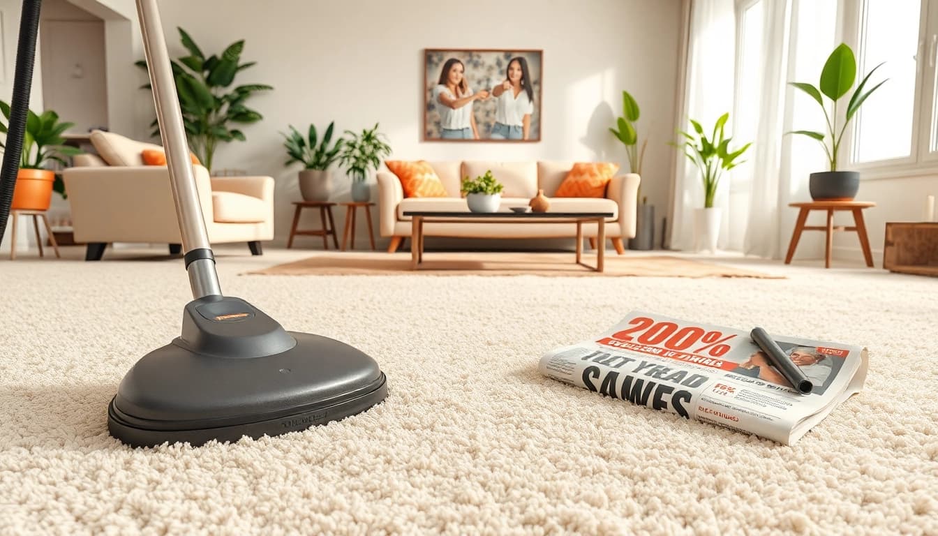 Enhance your home with carpet cleaning specials featuring a clean living room and professional cleaner in action.