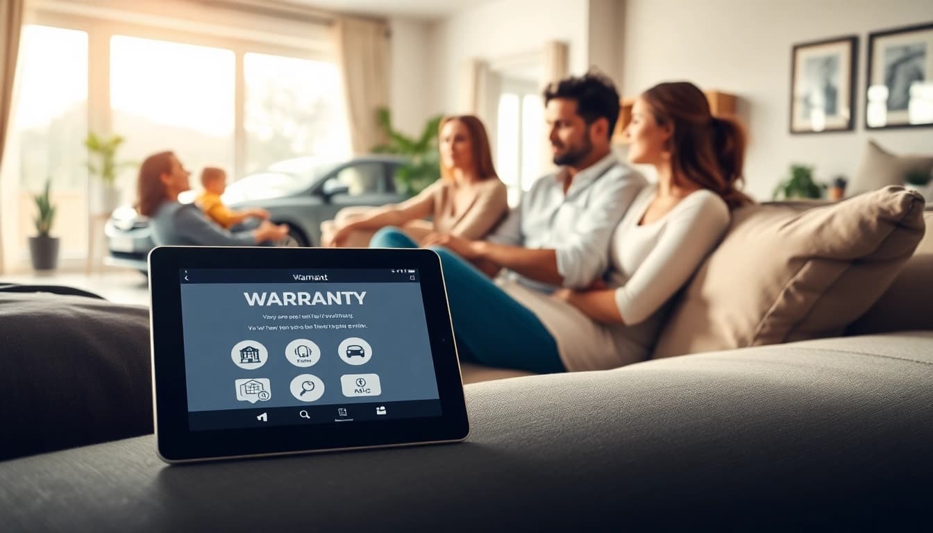 Family enjoying peace of mind with warranty protection for cars and homes in a cozy setting.