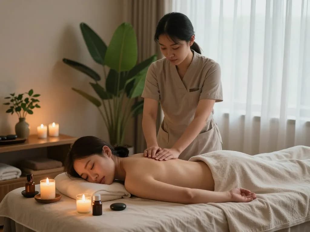 차분한 분위기와 편안한 요소가 있는 조용한 스파에서의 relaxing 논현동마사지 장면.