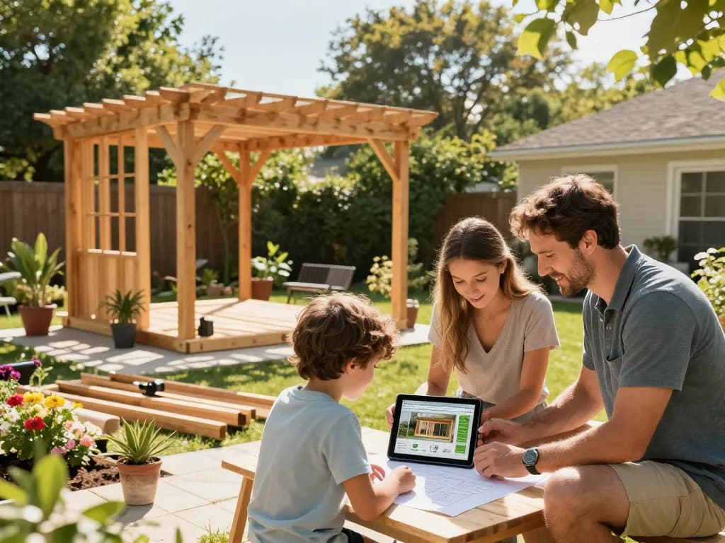 Family using a custom pergola configurator to design an outdoor pergola in a sunny backyard.