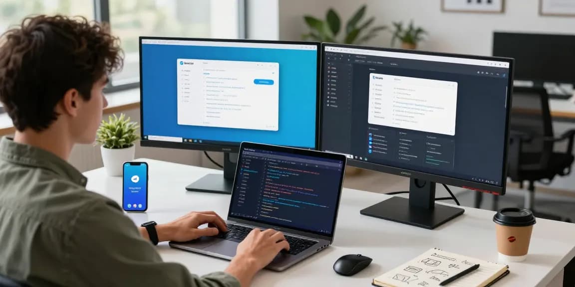 Customizing telegram中文版 settings at a modern workspace with dual monitors and tech gadgets.