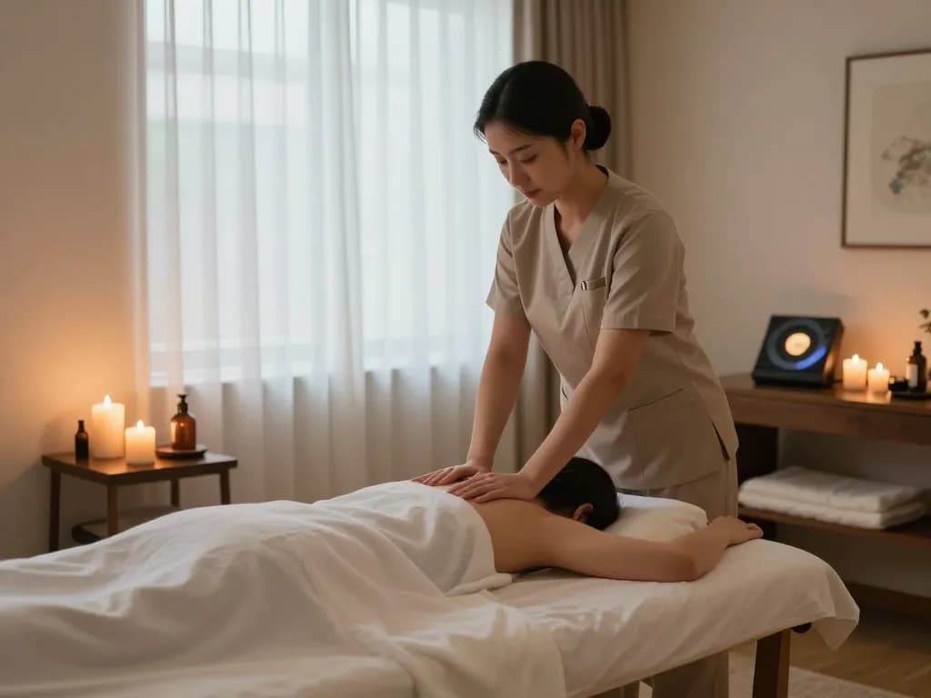 인천 출장마사지 session preparation in a tranquil hotel room, with a professional therapist and relaxing ambiance.