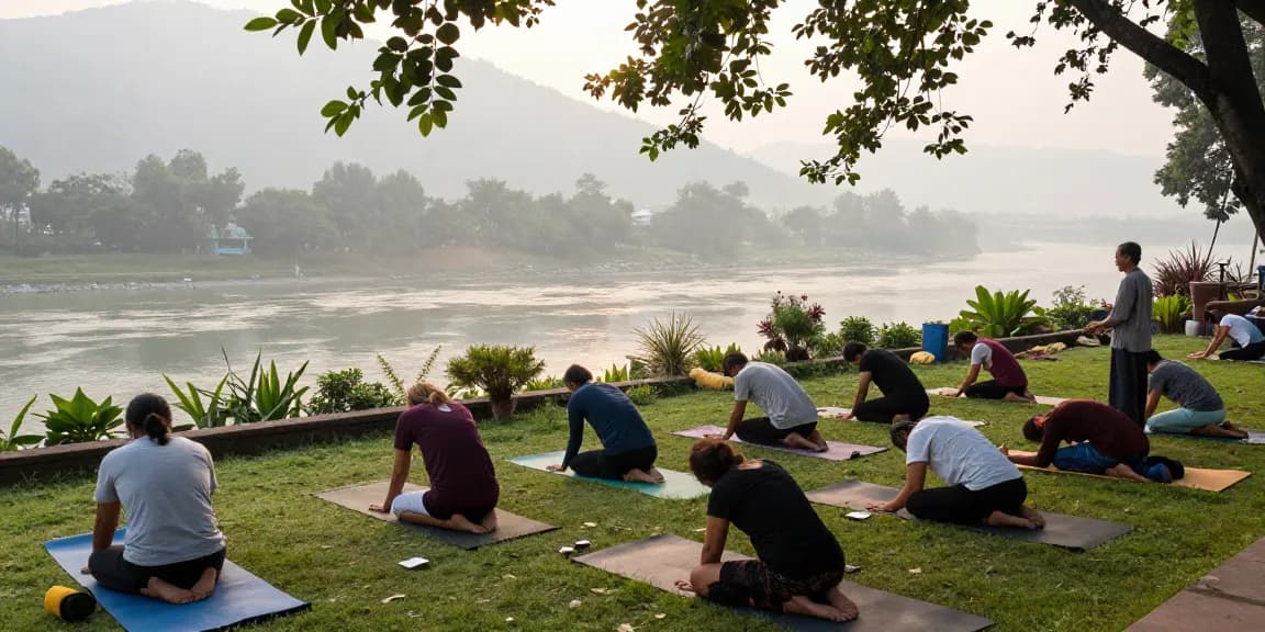 Peaceful outdoor yoga session at an Ayurveda wellness retreat in Rishikesh India, surrounded by lush nature.
