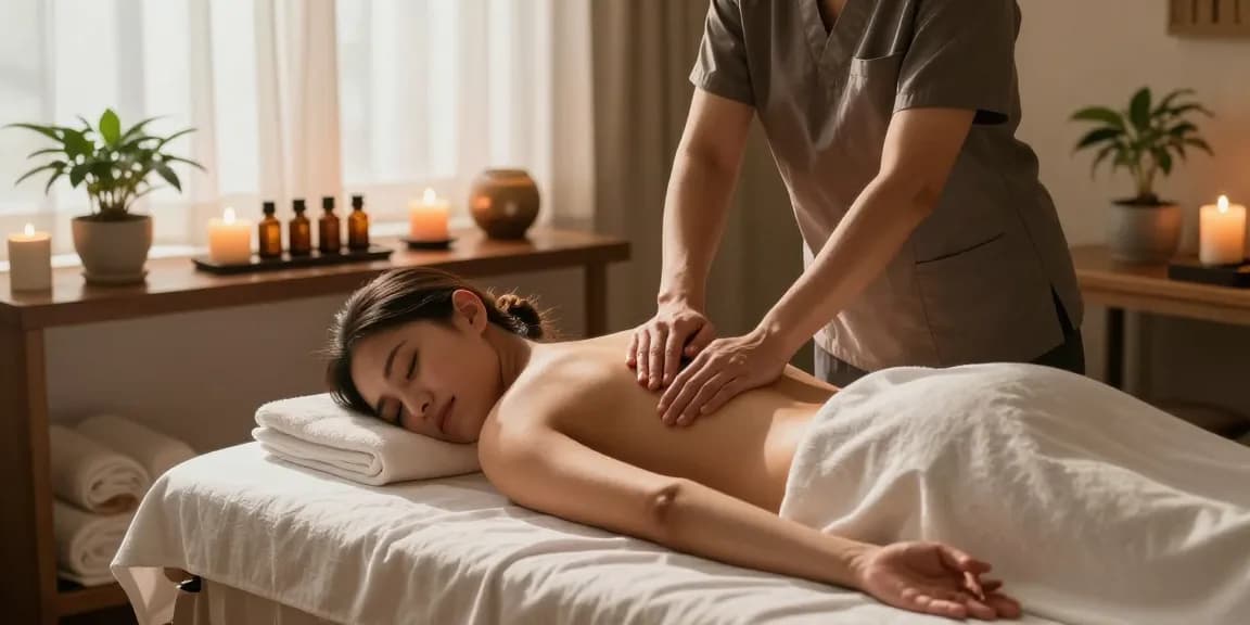 Relaxing 마사지 therapy session in a serene spa setting with soothing elements and an inviting atmosphere.