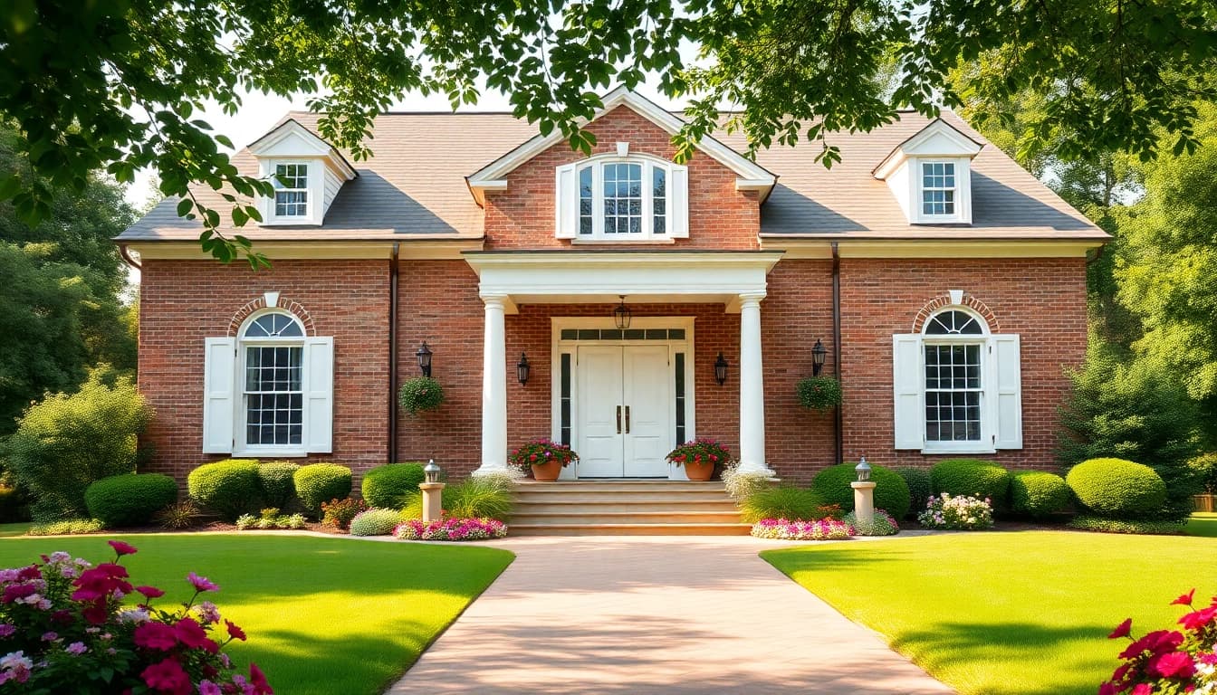 Visual of a colonial home build showcasing its charming architecture and lush surroundings.