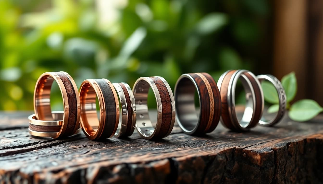 Showcase of Unique Wedding Bands for Men displaying various materials and designs on a rustic background.