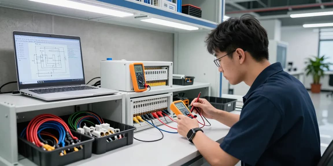 Technician inspecting C19/C20 power connectors in electrical engineering workspace.