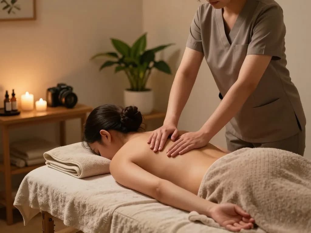 Massage therapy session highlighting relaxation and rejuvenation with soothing elements.