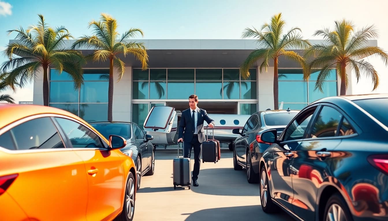 Efficient Private Airport Transfers assisting passengers with luggage at a luxury terminal.