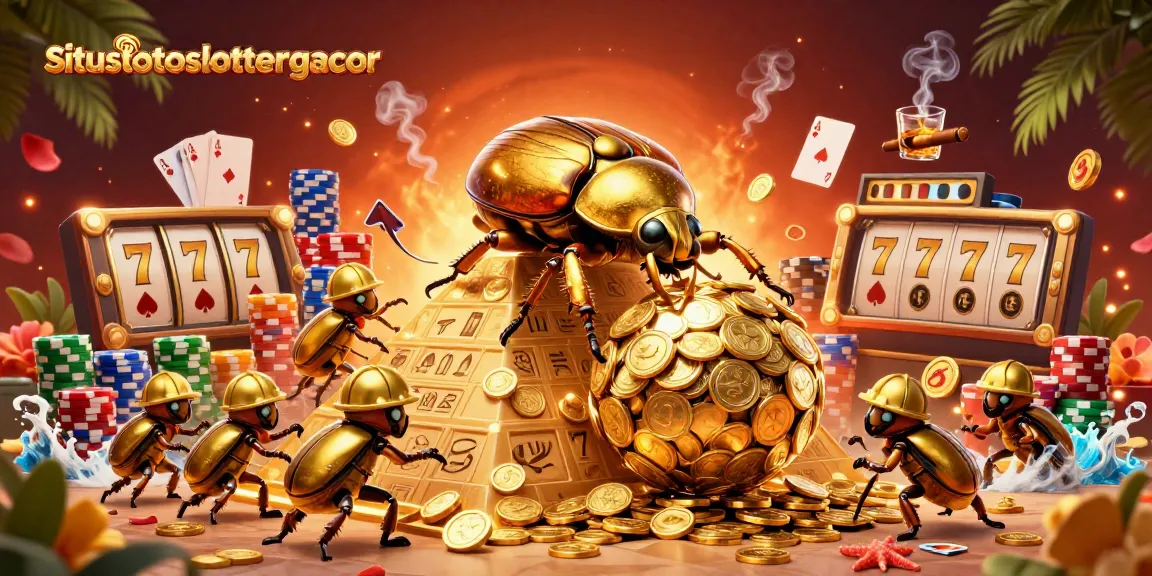Explore situstotoslottergacor with a captivating scene of beetles rolling gold coins towards jackpots.