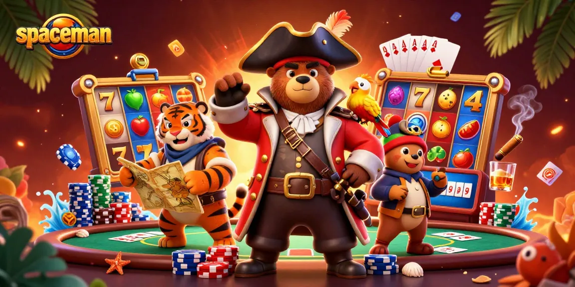 Engage with the spaceman theme in this vibrant 3D casino scene featuring slots and poker elements.