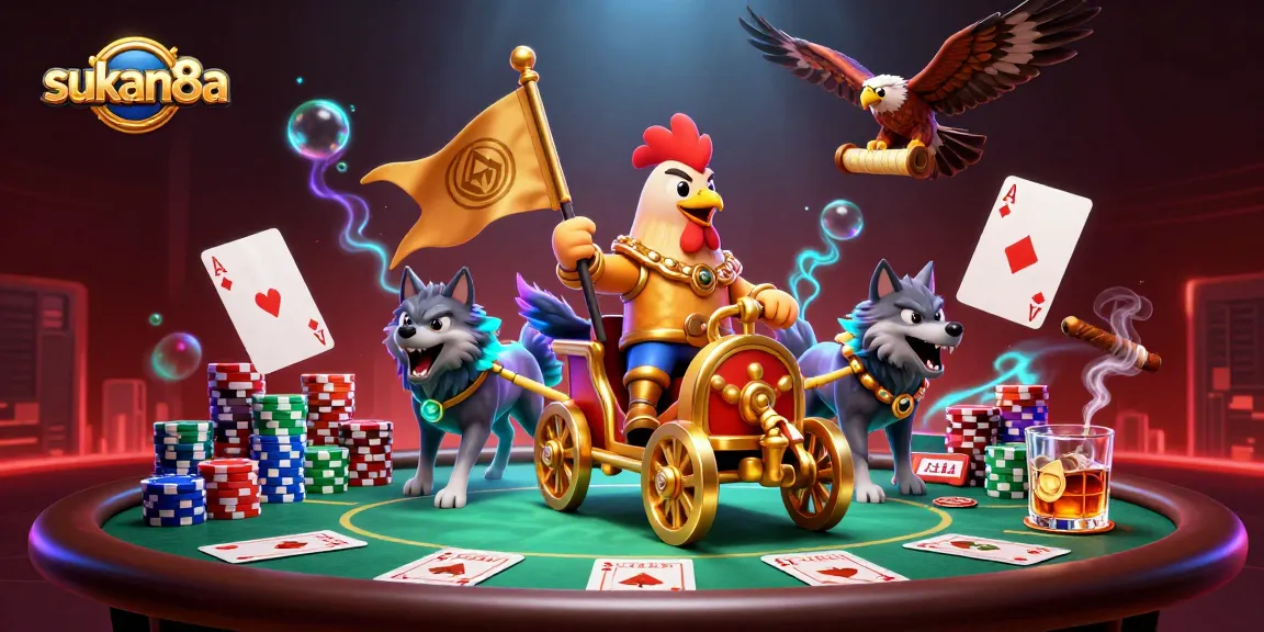 Sukan8a showcases a dynamic poker scene with a cartoon rooster warlord and vibrant gaming elements.