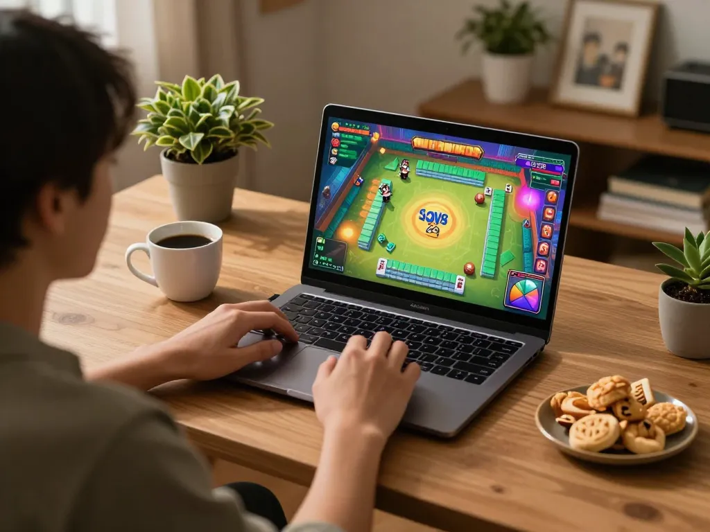 Playing Mahjong Ways 2 on a laptop during a cozy home gaming session with snacks nearby.