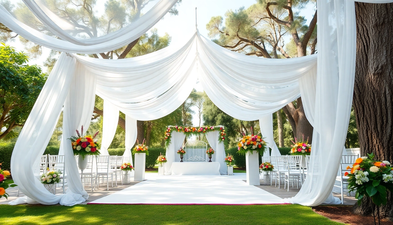 Scenic view of a Jacksonville Wedding Venue adorned with floral arrangements and elegant fabrics.