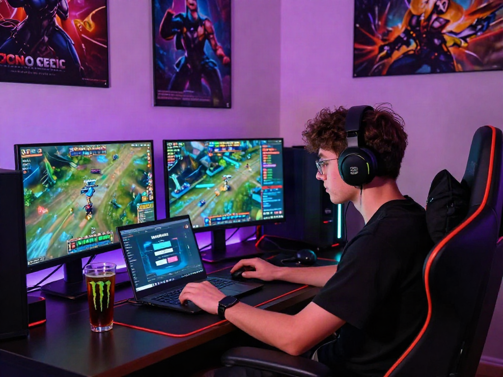 Engaged gamer at desk with the bro138 slot login link alternatif displayed, showcasing vibrant gaming atmosphere.