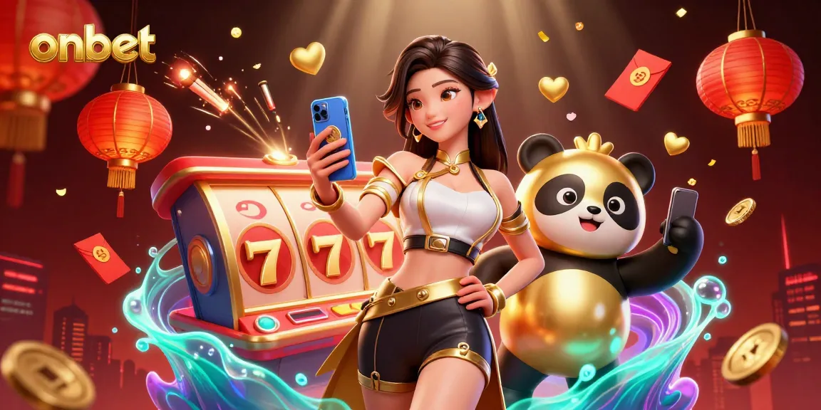 Experience onbet with an Asian woman enjoying mobile gaming, surrounded by festive casino elements.