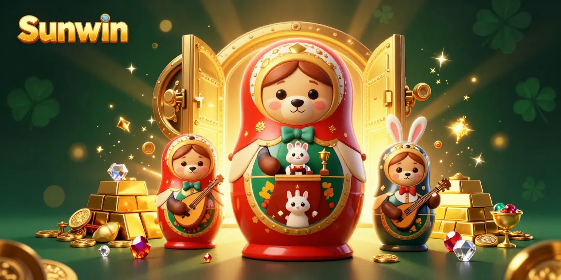 Win big on Sunwin with a vibrant illustration of 3D characters and casino treasures.