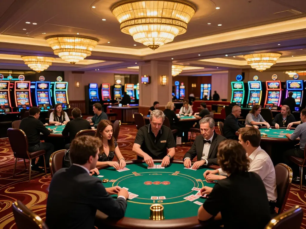 Experience the excitement of w 88 casino gaming with players at poker tables in a vibrant atmosphere.