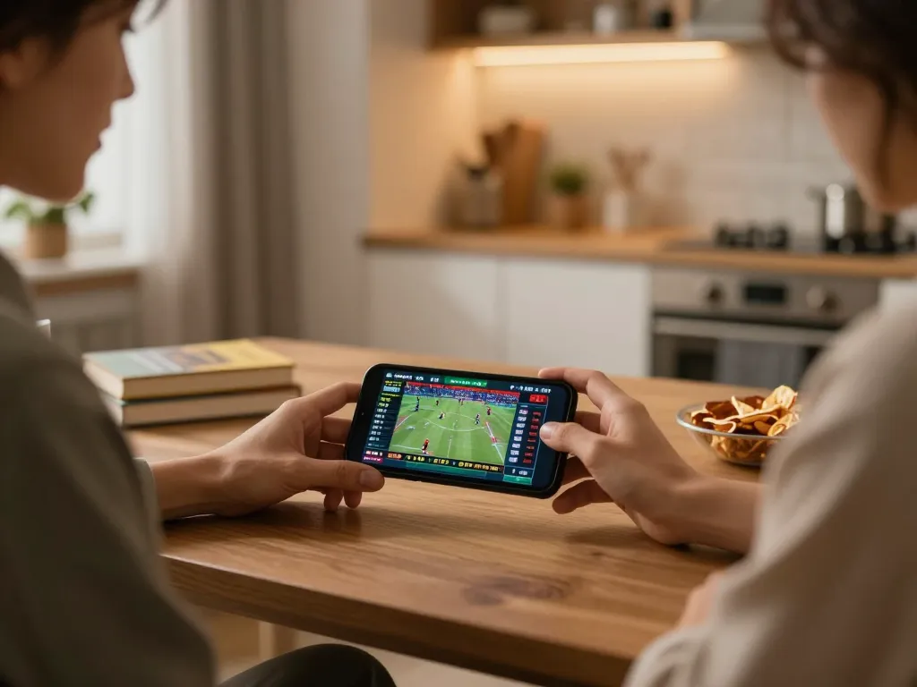 Engaging in sports betting on smartphone, reflecting Canada online casinos reddit within a cozy home setting.