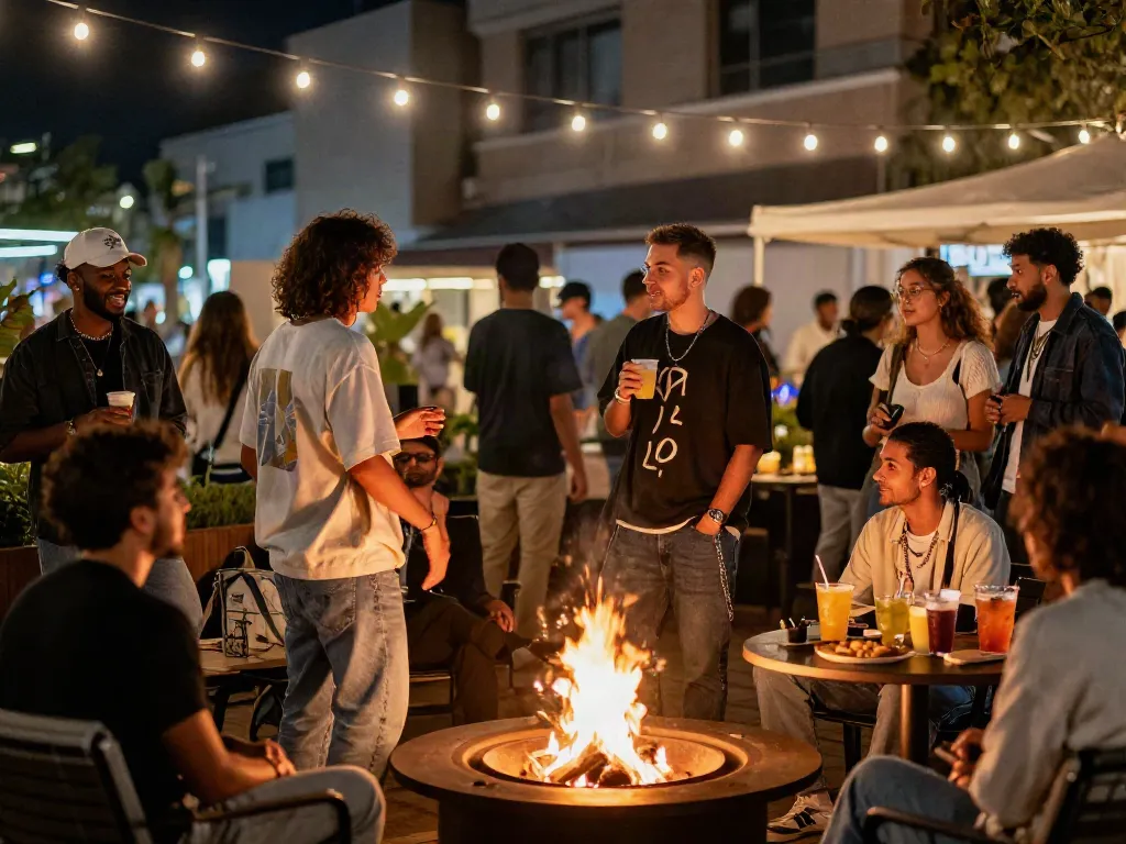 Group enjoying nightlife around fire pit, reflecting stylish ambiance and sociability in lia engel porn context.