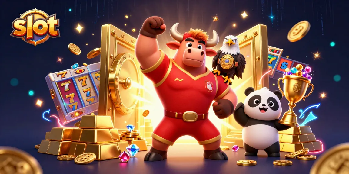 Engage with thrilling slot adventures featuring a bull mascot, eagle, and panda celebrating victory.