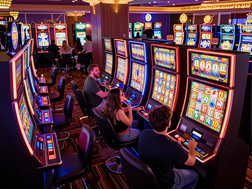 Players watching slot machines spin with excitement in a lively casino atmosphere.