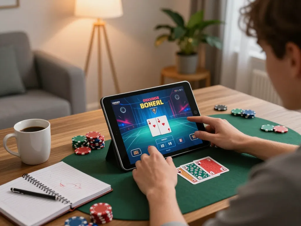 Berpartisipasi dalam permainan poker online di tablet dengan paris888, menampilkan catatan strategi dan pengaturan rumah yang nyaman