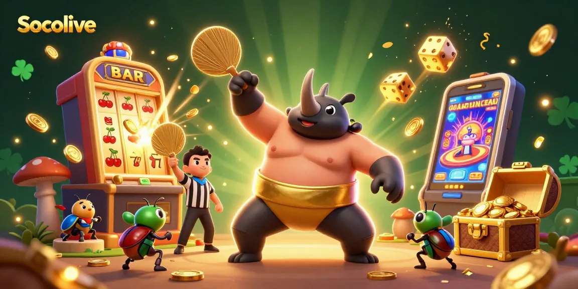 Socolive showcases an energetic scene with a sumo beetle champion and jackpot slots, perfect for betting enthusiasts.