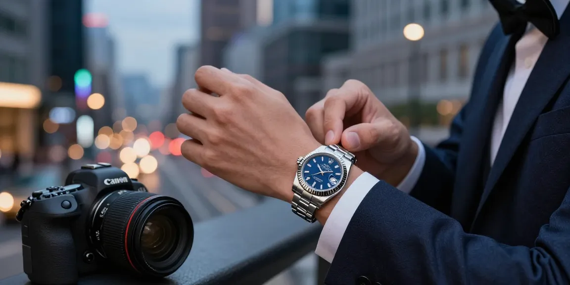 Stylish person evaluating a rolex replica watch, highlighting its exquisite craftsmanship in an elegant urban setting.