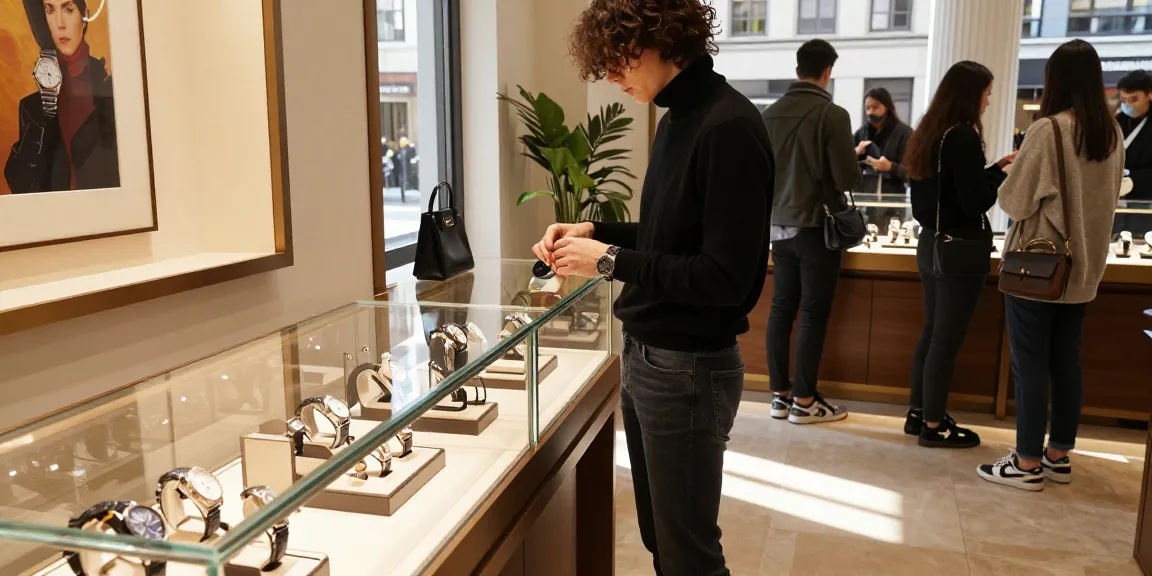Browsing luxury 시계 레플리카 in an elegant urban boutique with stylish decor.