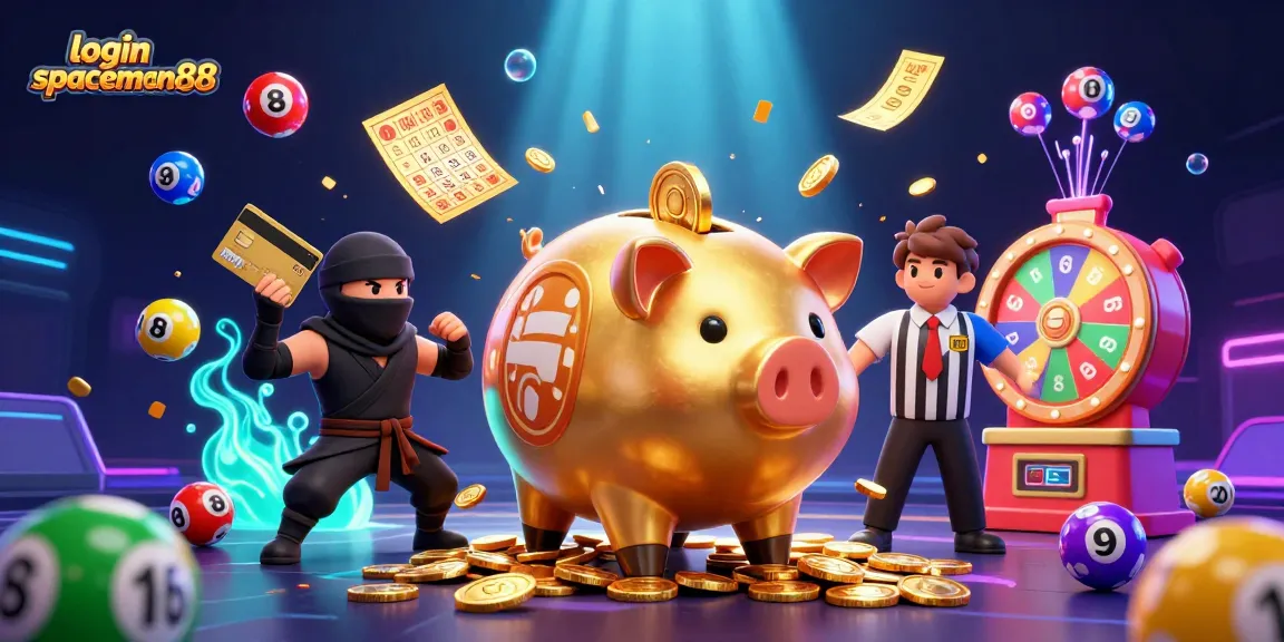 Experience thrilling wins with login spaceman88 as the golden piggy bank sumo wrestler shakes coins in a vibrant gambling scene.