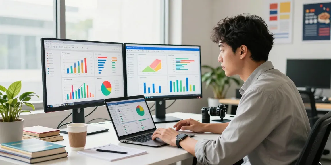 Marketing professional analyzing rokok88 data with dual screens and analytics tools.