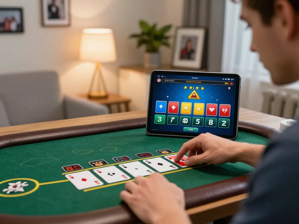 uu88 player engaging in a live dealer blackjack game on a tablet at home, focusing on strategic betting decisions