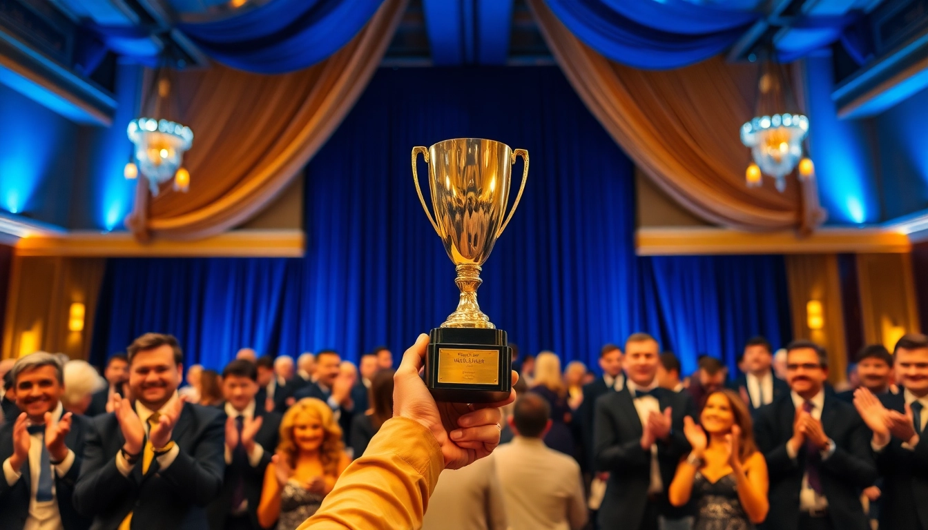 Celebrating excellence in construction awards with proud winners and a prestigious trophy.
