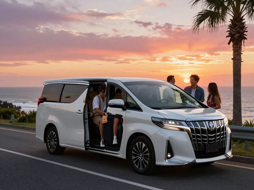 Cho thuê xe Toyota Alphard cho một chuyến đi đường sang trọng dọc theo một tuyến đường ven biển đẹp vào lúc hoàng hôn, ghi lại hình ảnh những du khách phong cách đang xếp hành lý.