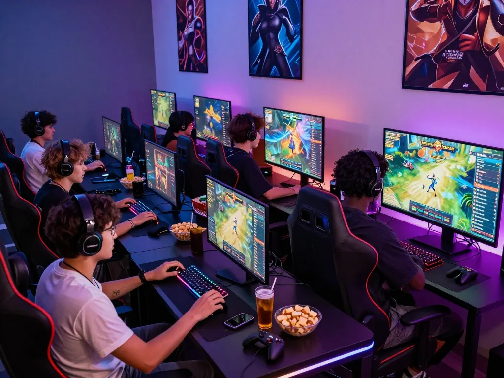 Friends enjoying Game bài hubet88 in an energetic gaming setup, showcasing excitement and camaraderie.