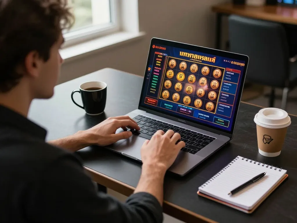 Engaged player strategizing and enjoying สล็อต gaming at a modern desk setup, capturing the thrill of online gambling.