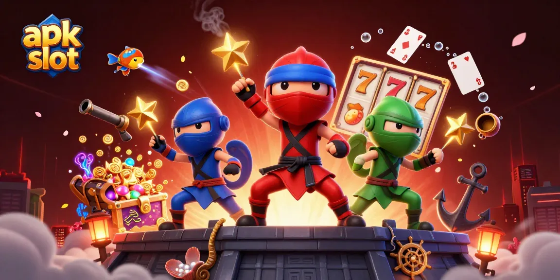Bermain apk slot dengan tim ninja chameleon 3D yang beraksi di rooftop, dikelilingi simbol slot dan harta karun.