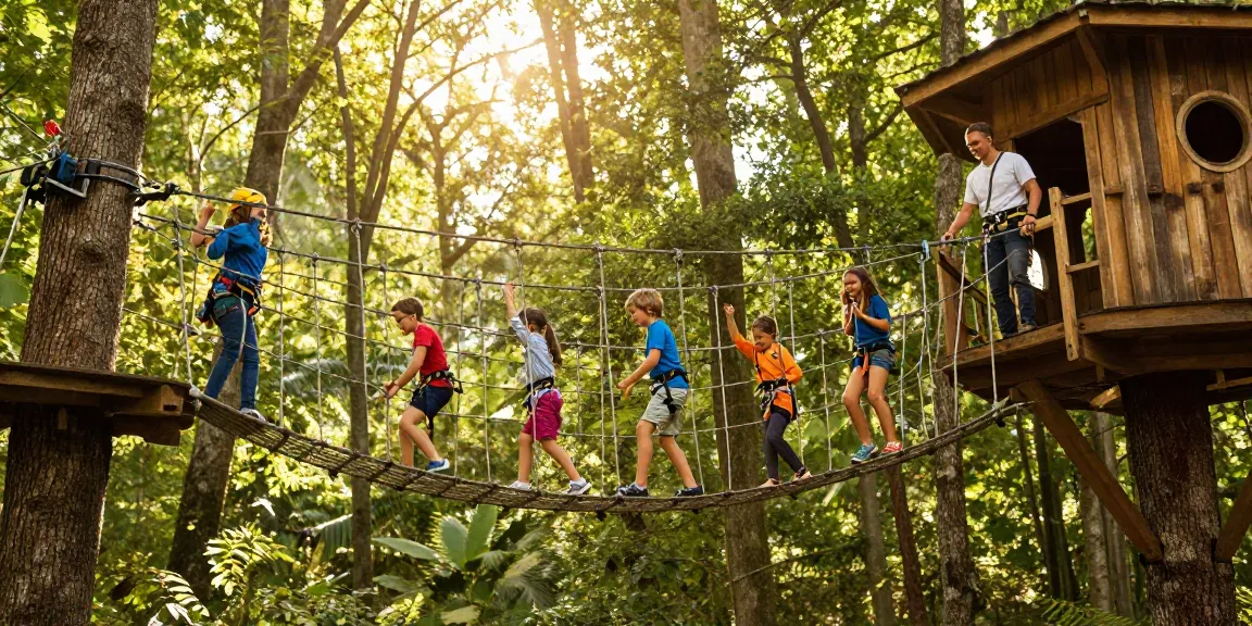 Family crossing a rope bridge in a woodland, showcasing innovative rope bridge design in a natural adventure setting.
