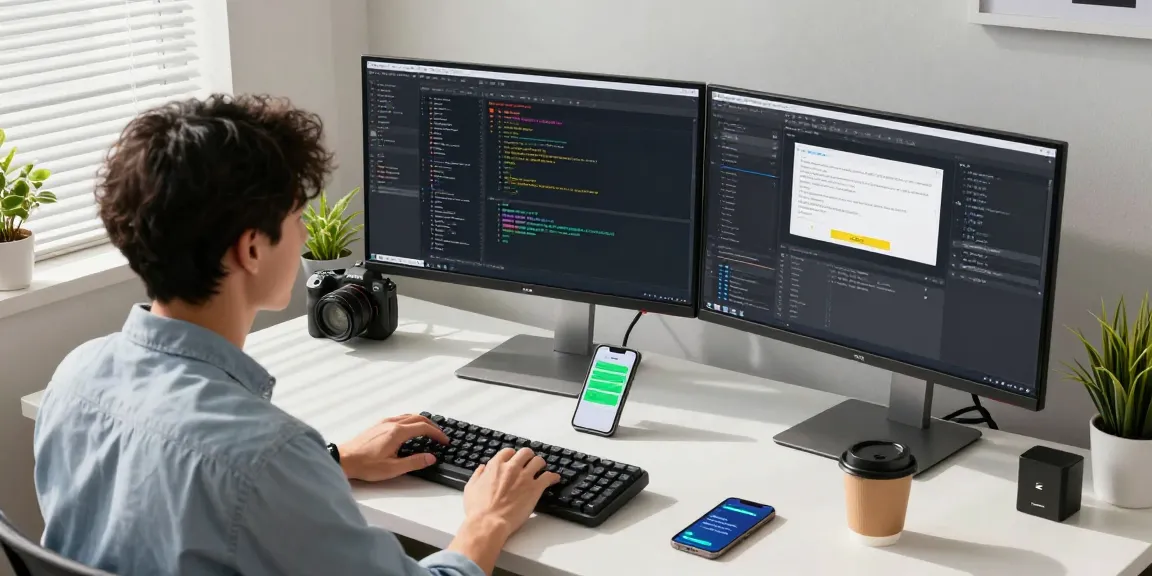 Developer coding with 纸飞机中文版 software on dual monitors in a modern office workspace.