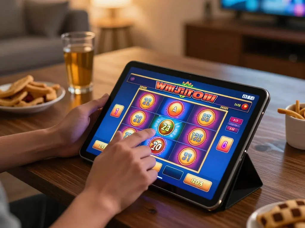 Player spinning slot reels for big wins on a tablet at home, cozy atmosphere