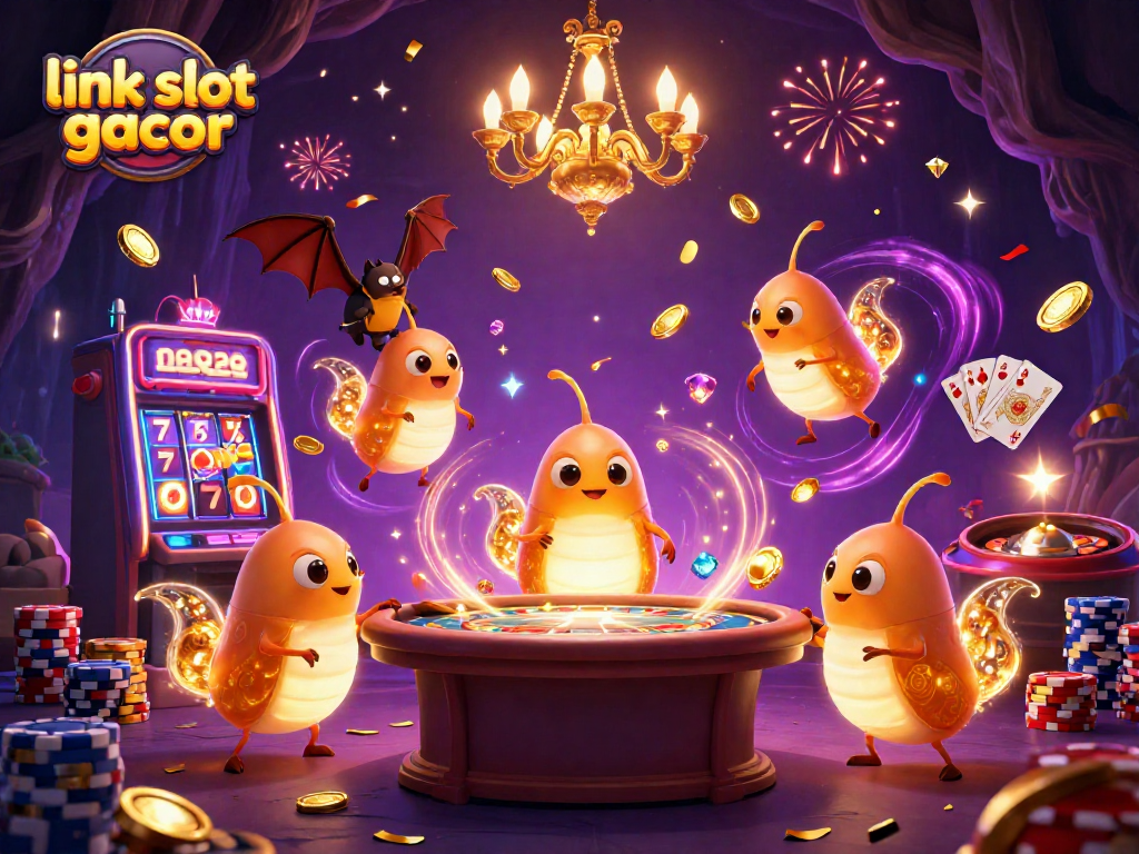 Engage with the link slot gacor in a vibrant 3D casino scene featuring glowing characters and dynamic game elements.