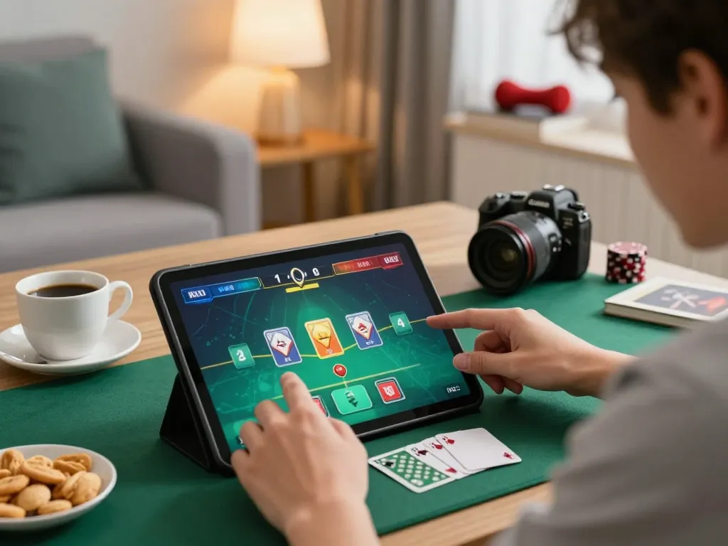 Player enjoying u888poker on tablet in cozy home environment, showcasing strategic gameplay