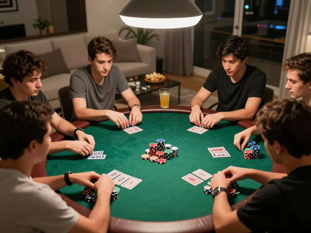 Pemain yang merencanakan strategi selama permainan poker yang intens di lingkungan rumah yang nyaman.