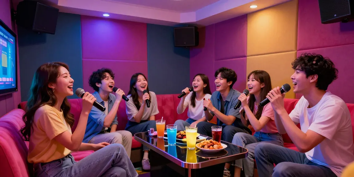 Enjoying a karaoke night at 강남 유앤미 가라오케 with friends in a vibrant private room setting.