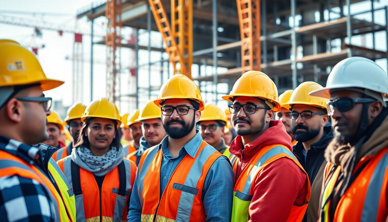 Workers implementing construction safety programs on a vibrant job site with safety gear.